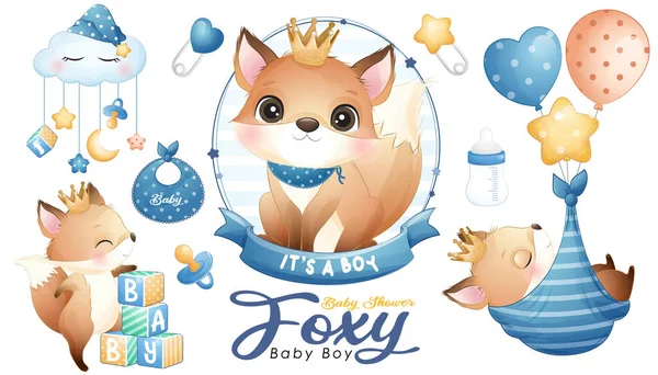 Leuke Doodle Foxy Baby Shower Met Aquarel Illustratie Set — Stockvector