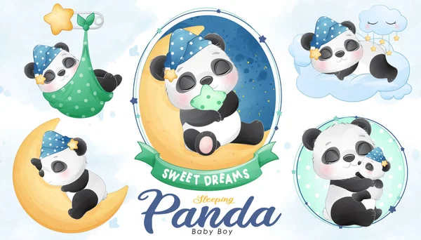 Niedliche Schlafende Panda Baby Dusche Mit Aquarell Illustration Set — Stockvektor