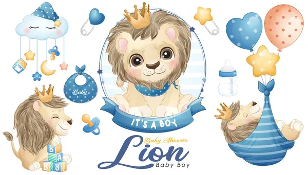 Cute Doodle Lew Baby Shower Akwarelą Zestaw Ilustracji — Wektor stockowy
