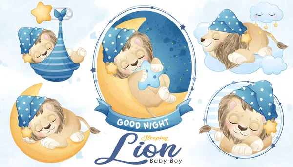 Mignon Lit Bébé Lion Douche Avec Aquarelle Illustration Ensemble — Image vectorielle