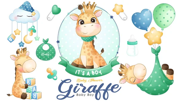 Schattige Doodle Giraffe Babyshower Met Aquarel Illustratie Set — Stockvector