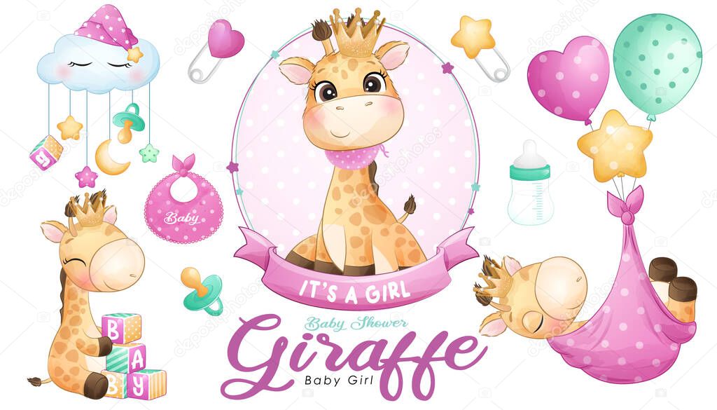 Cute doodle giraffe baby shower with watercolor illustration set