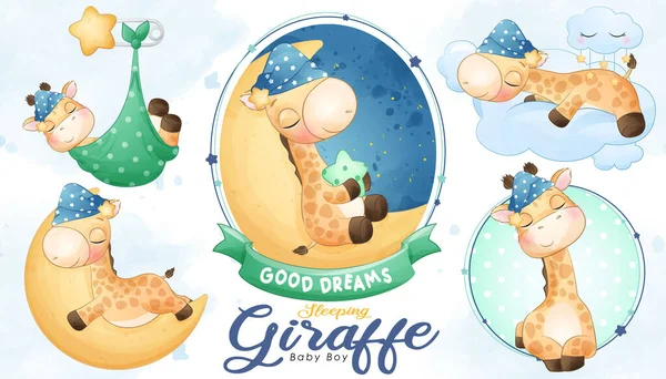 Carino Dormire Giraffa Baby Doccia Con Acquerello Illustrazione Set — Vettoriale Stock