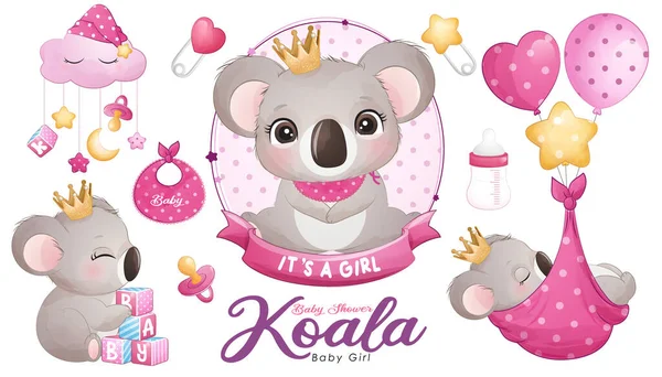 Nettes Doodle Koala Baby Dusche Mit Aquarell Illustration Set — Stockvektor