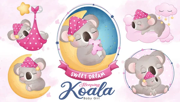 Jolie Douche Bébé Koala Endormie Avec Jeu Illustration Aquarelle — Image vectorielle