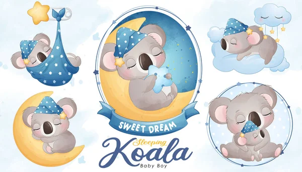 Lindo Dormir Koala Bebé Ducha Con Acuarela Ilustración Conjunto — Archivo Imágenes Vectoriales