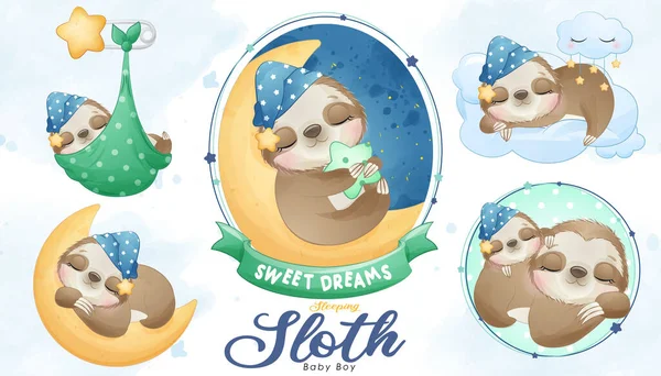Χαριτωμένο Ύπνο Sloth Μωρό Ντους Ακουαρέλα Εικονογράφηση Σετ — Διανυσματικό Αρχείο