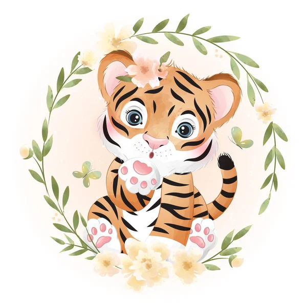 Cute Doodle Tiger Watercolor Illustration — Stock Vector