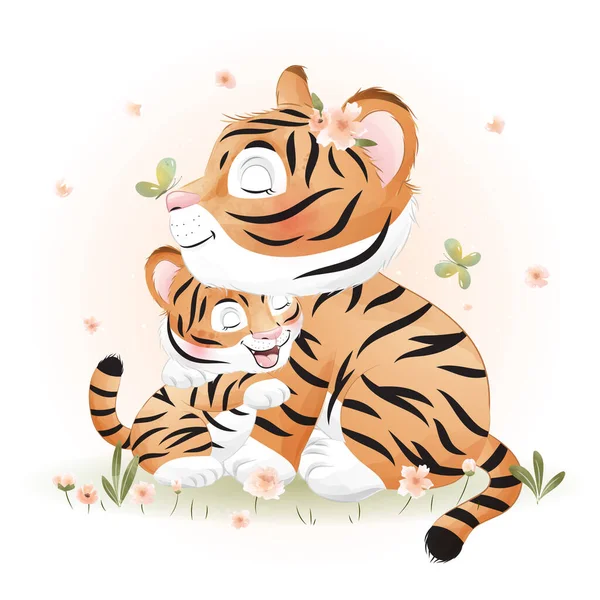 Carino Doodle Tigre Con Acquerello Illustrazione — Vettoriale Stock