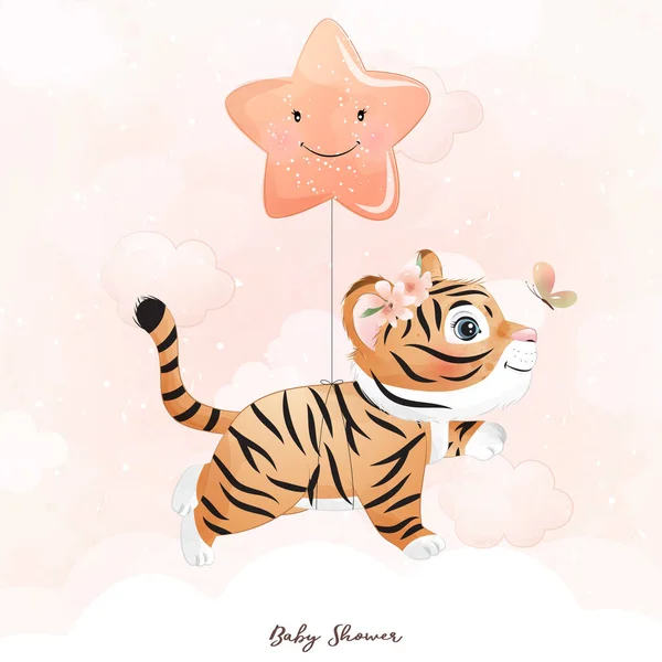 Mignon Tigre Doodle Avec Illustration Aquarelle — Image vectorielle