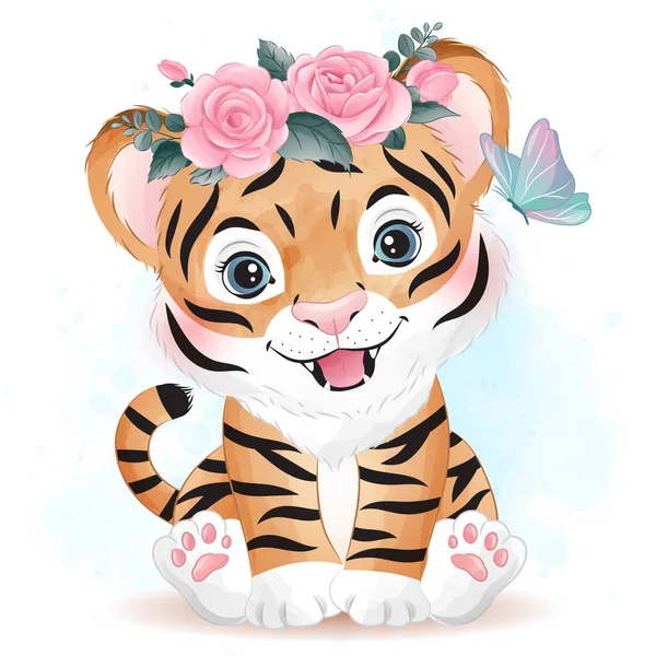 Cute Doodle Tygrys Akwarelą Ilustracji — Wektor stockowy