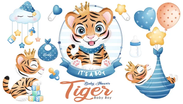 Carino Doodle Tigre Bambino Doccia Con Acquerello Illustrazione Set — Vettoriale Stock