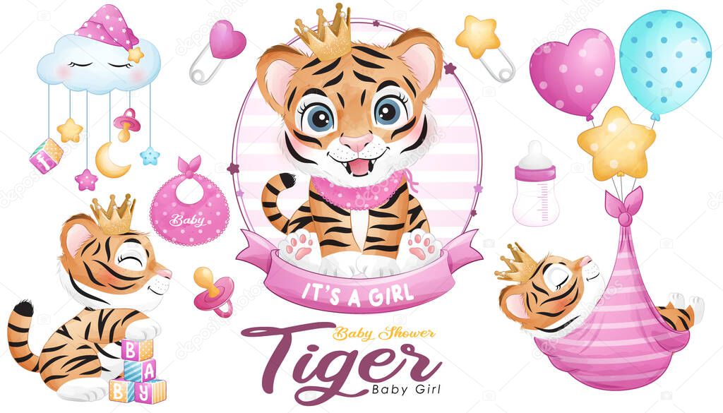 Cute doodle tiger baby shower with watercolor illustration set