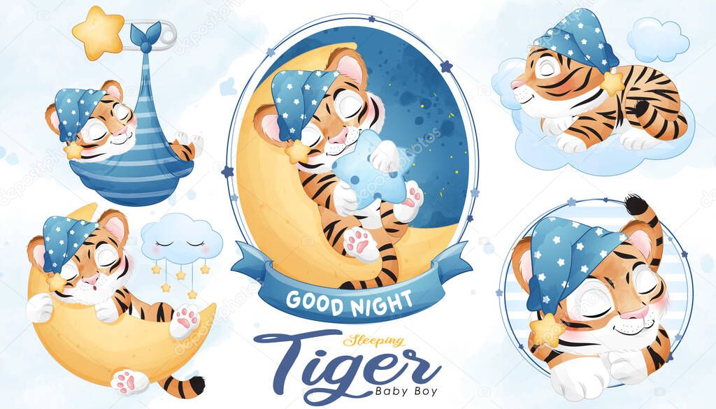 Cute sleeping tiger baby shower with watercolor illustration set