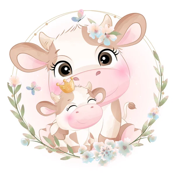 Cute Doodle Cow Baby Shower Watercolor Illustration — Stock Vector