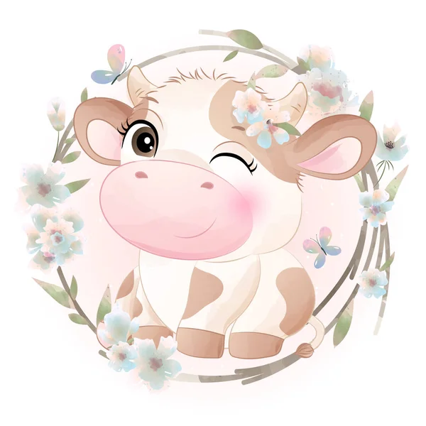 Cute Doodle Cow Baby Shower Watercolor Illustration — Stock Vector