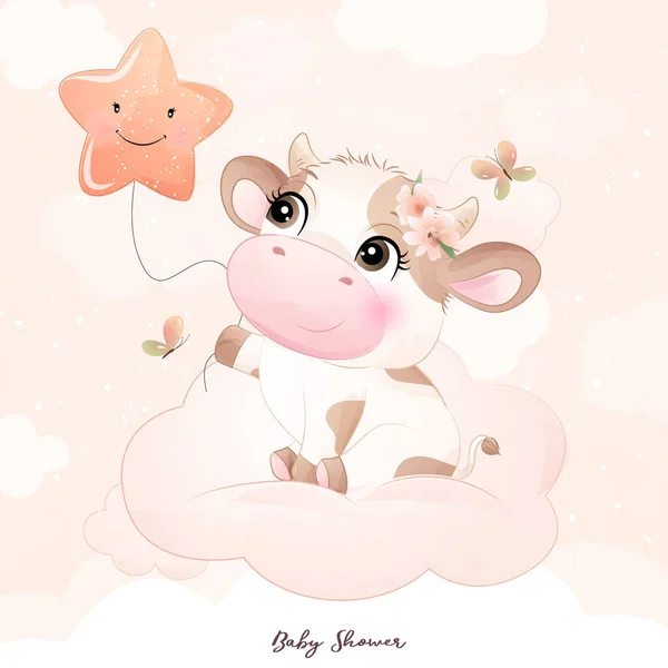 Chuveiro Bonito Bebê Vaca Doodle Com Ilustração Aquarela — Vetor de Stock