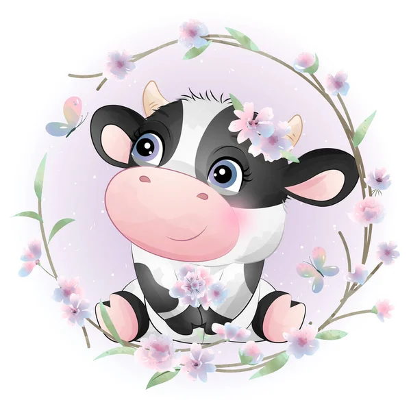 Chuveiro Bonito Bebê Vaca Doodle Com Ilustração Aquarela — Vetor de Stock