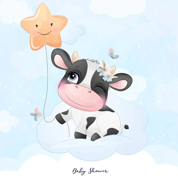 Cute Doodle Krowa Baby Shower Akwarela Ilustracja — Wektor stockowy