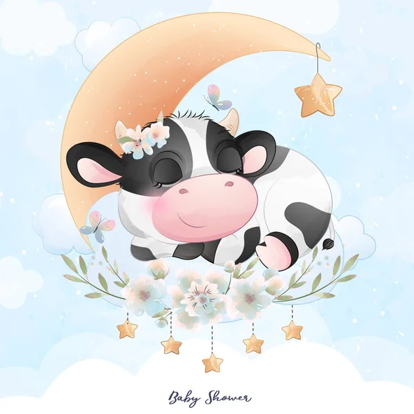 Jolie Douche Bébé Vache Doodle Avec Illustration Aquarelle — Image vectorielle