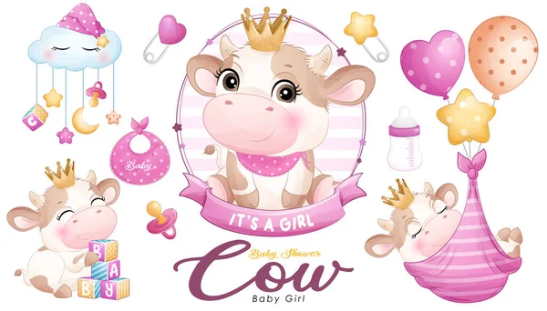 可爱的涂鸦奶牛宝宝淋浴与水彩画 — 图库矢量图片