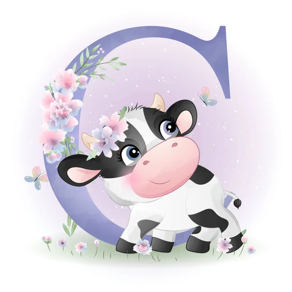 Cute Doodle Cow Baby Shower Alphabet Watercolor Illustration — Stock Vector