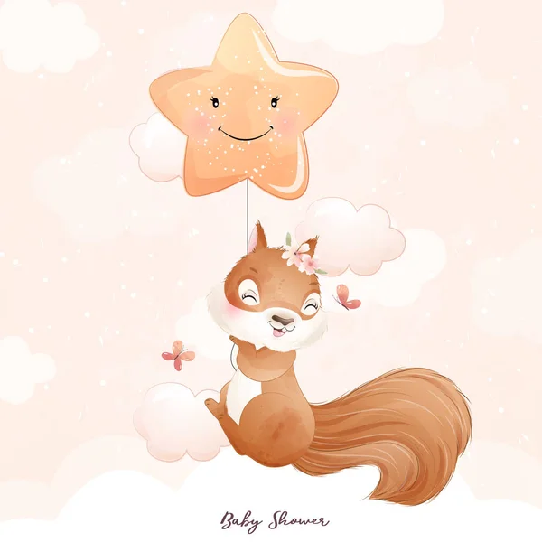 Cute Wiewiórka Doodle Kwiatowy Akwarela Ilustracja — Wektor stockowy