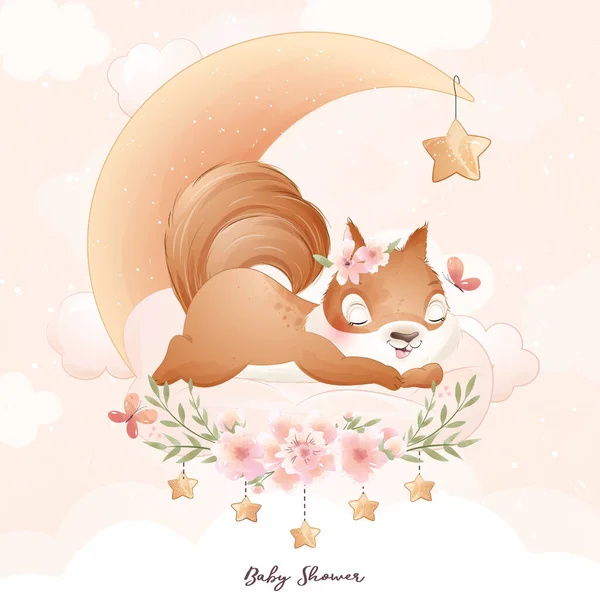 꽃무늬 수채화가 귀여운 다람쥐 — 스톡 벡터