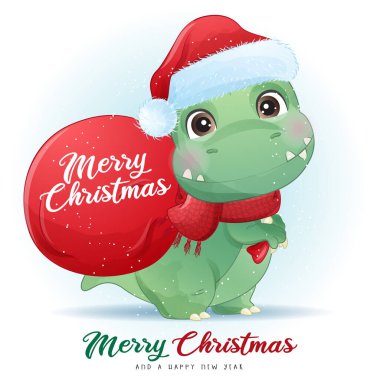 Mutlu Noel illüstrasyonları için sevimli karalama dinozoru.