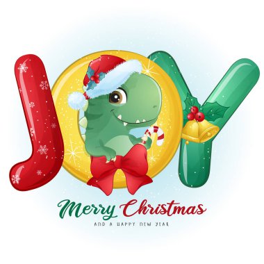 Mutlu Noel illüstrasyonları için sevimli karalama dinozoru.