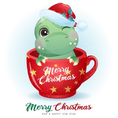 Mutlu Noel illüstrasyonları için sevimli karalama dinozoru.