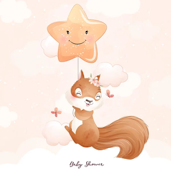 Cute Doodle Wiewiórka Baby Shower Akwarela Ilustracja — Wektor stockowy