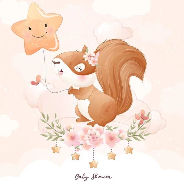 Cute Doodle Wiewiórka Baby Shower Akwarela Ilustracja — Wektor stockowy