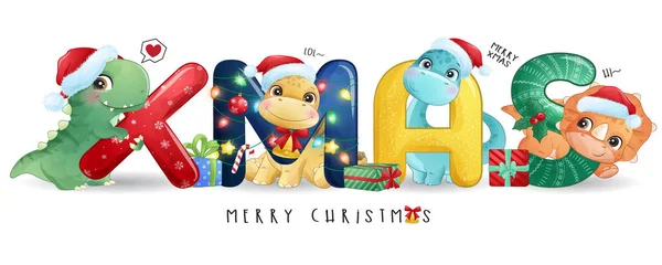 Carino Doodle Dinosauro Buon Natale Illustrazione — Vettoriale Stock