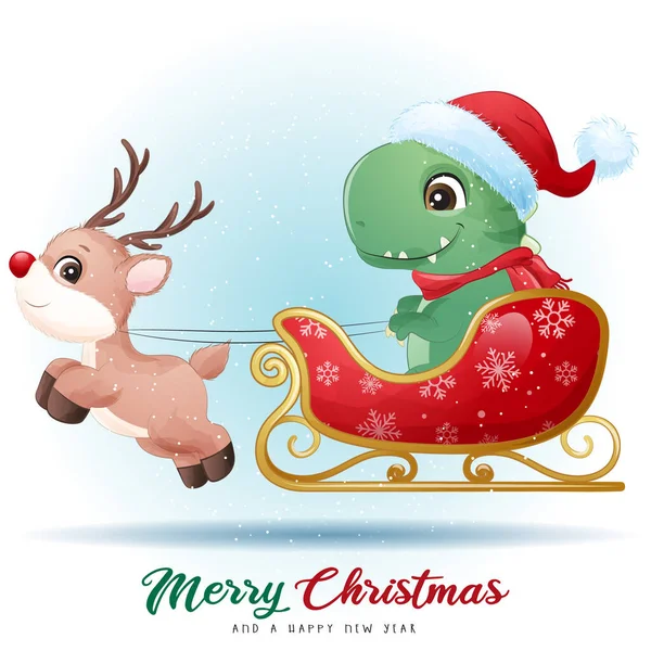 Nettes Doodle Dinosaurier Für Frohe Weihnachten Illustration — Stockvektor