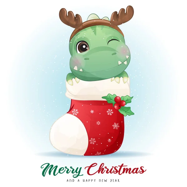 Carino Doodle Dinosauro Buon Natale Illustrazione — Vettoriale Stock