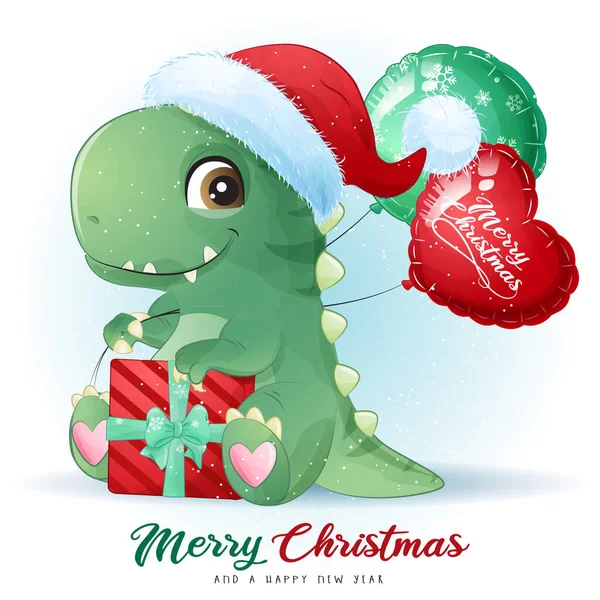 Schattige Doodle Dinosaurus Voor Vrolijke Kerst Illustratie — Stockvector