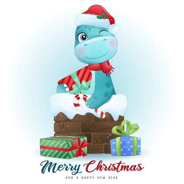 Mutlu Noel Illüstrasyonları Için Sevimli Karalama Dinozoru — Stok Vektör