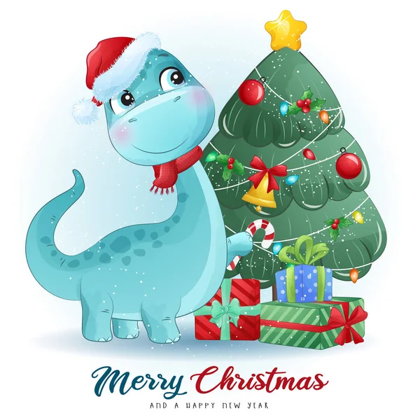 Schattige Doodle Dinosaurus Voor Vrolijke Kerst Illustratie — Stockvector