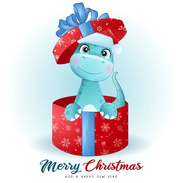 Aranyos Doodle Dinoszaurusz Boldog Karácsonyt Illusztráció — Stock Vector