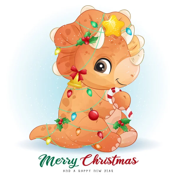 Carino Doodle Dinosauro Buon Natale Illustrazione — Vettoriale Stock