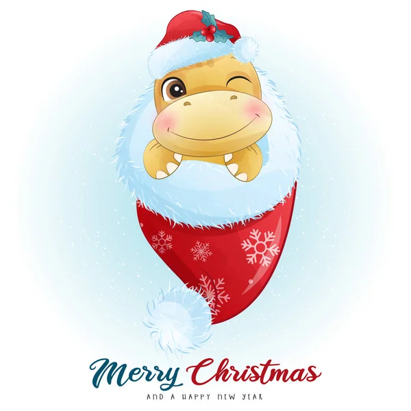 Carino Doodle Dinosauro Buon Natale Illustrazione — Vettoriale Stock