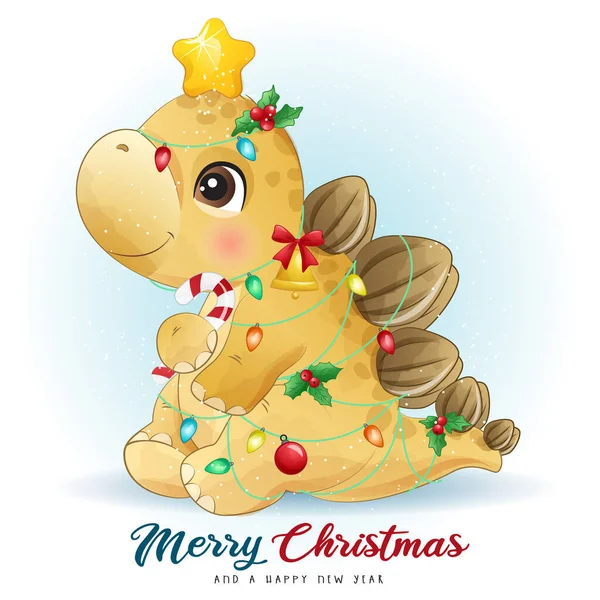 Cute Doodle Dinozaur Dla Wesołych Świąt Ilustracji — Wektor stockowy