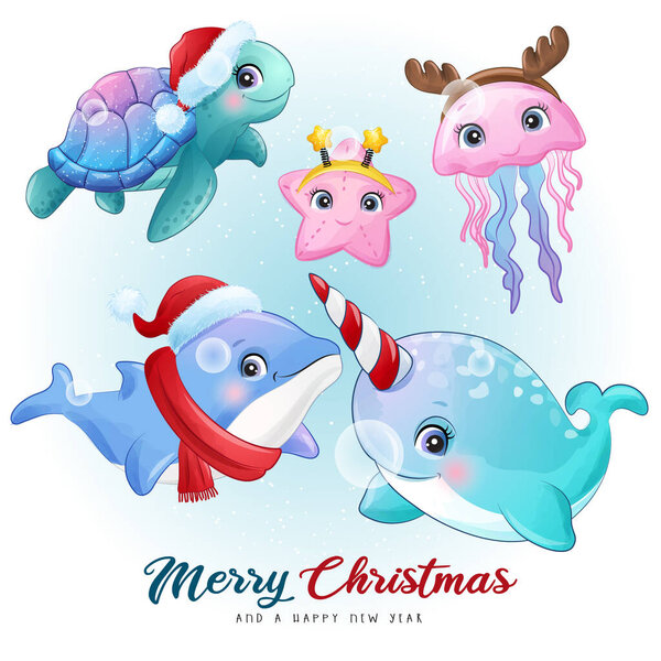 Симпатичная морская черепаха, дельфин, звездная рыба и канистра для веселых забав