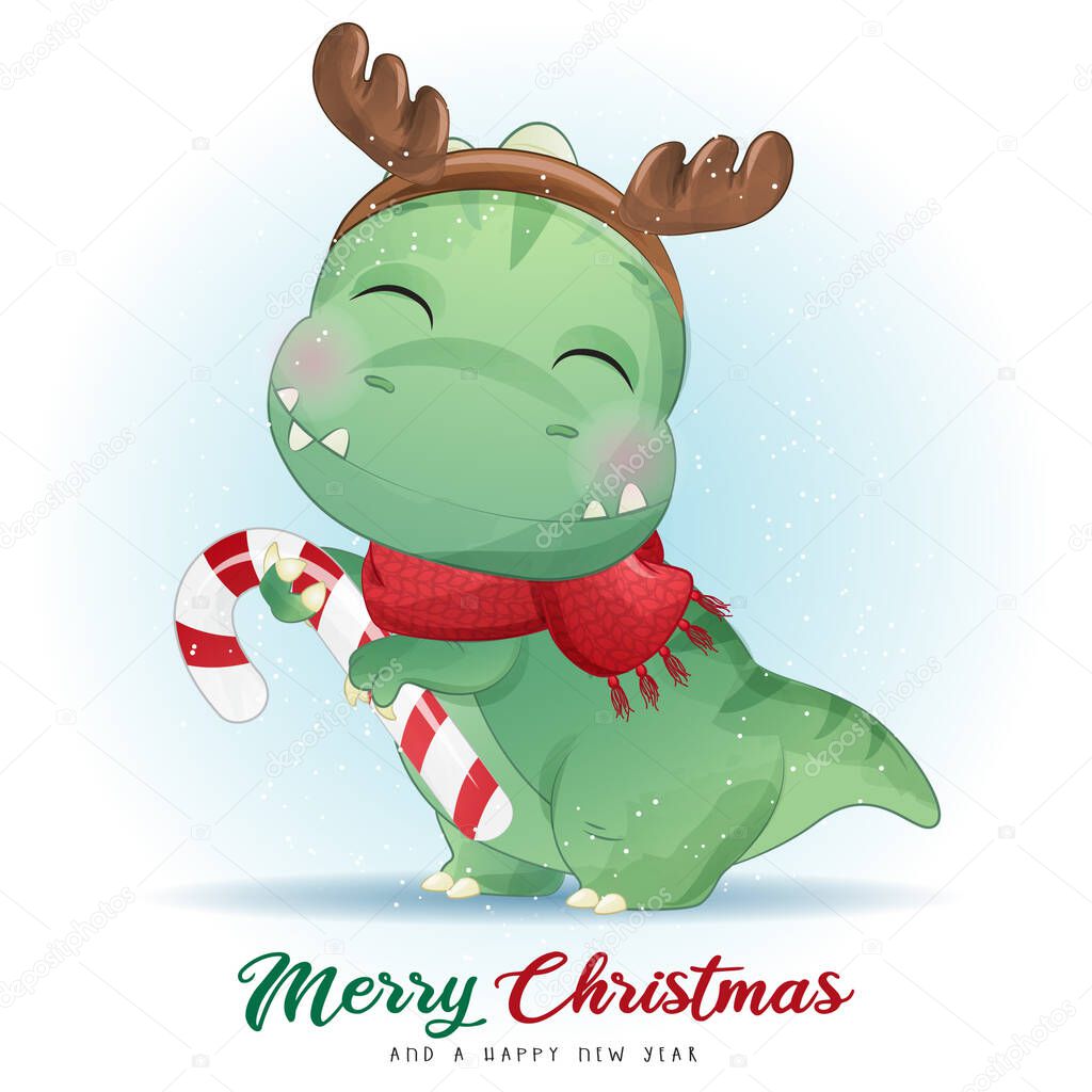 Cute doodle dinosaur for merry christmas illustration