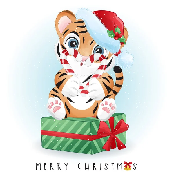 Cute Doodle Tygrys Dla Wesołych Świąt Ilustracji — Wektor stockowy