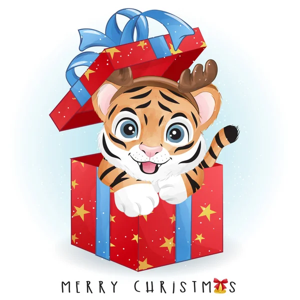 Carino Doodle Tigre Buon Natale Illustrazione — Vettoriale Stock