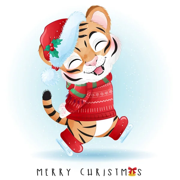 Cute Doodle Tiger Merry Christmas Illustration - Stok Vektor