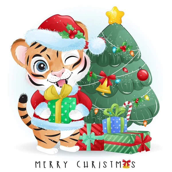 Cute Doodle Tiger Merry Christmas Illustration - Stok Vektor