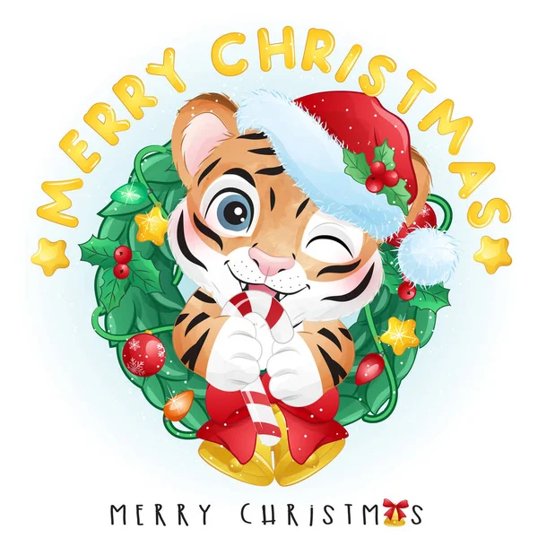 Tigre Doodle Bonito Para Ilustração Feliz Natal — Vetor de Stock